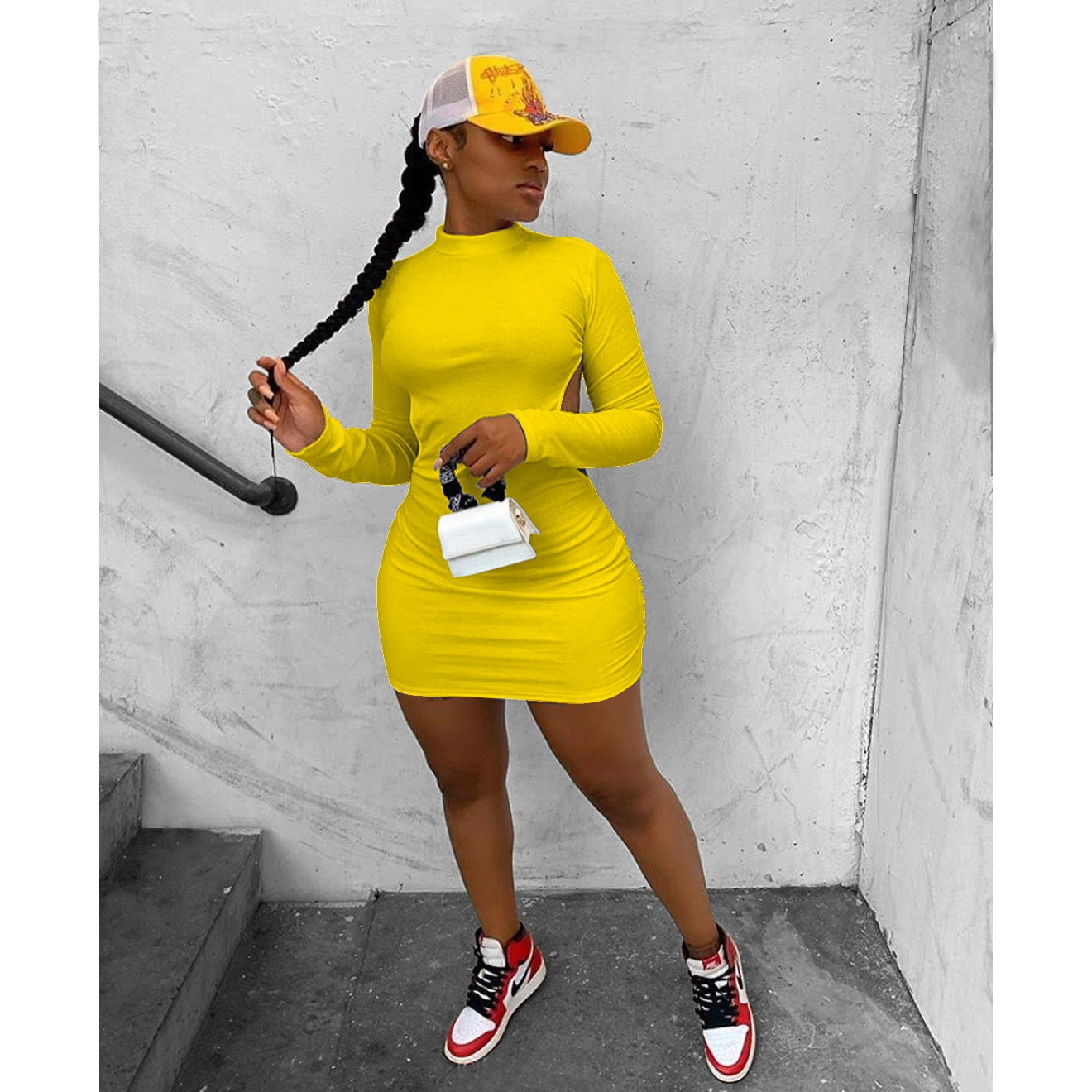 Solid Color High-elastic Long Sleeve Backless Dress