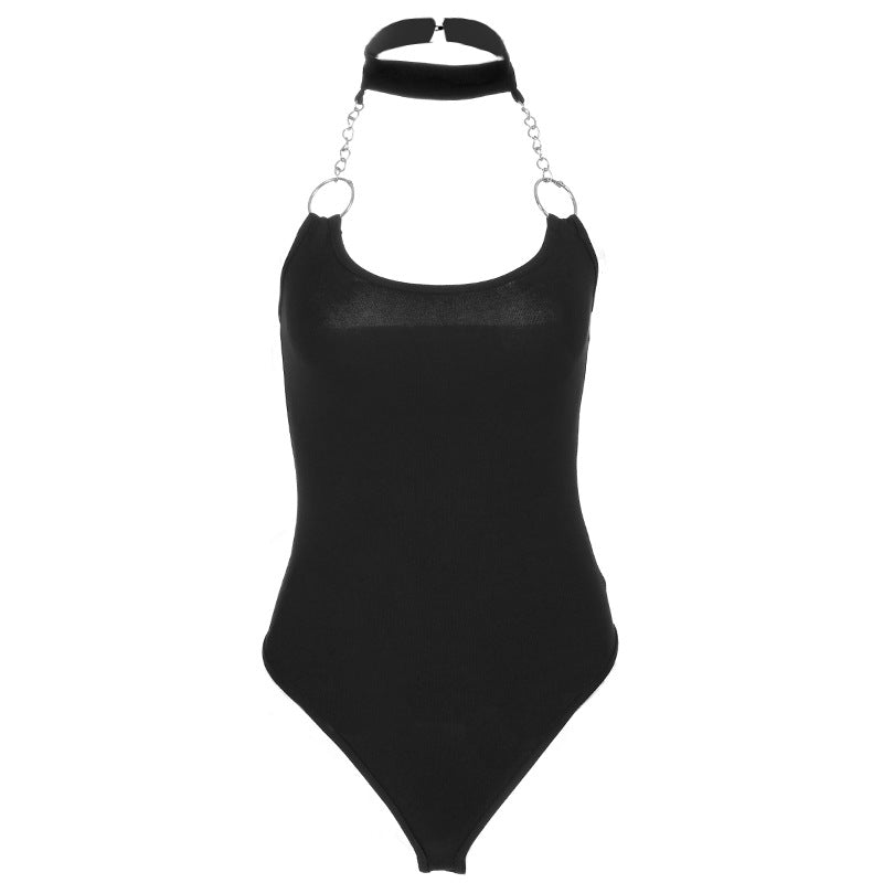 Iron ring zip hanging neck sexy halter onesies