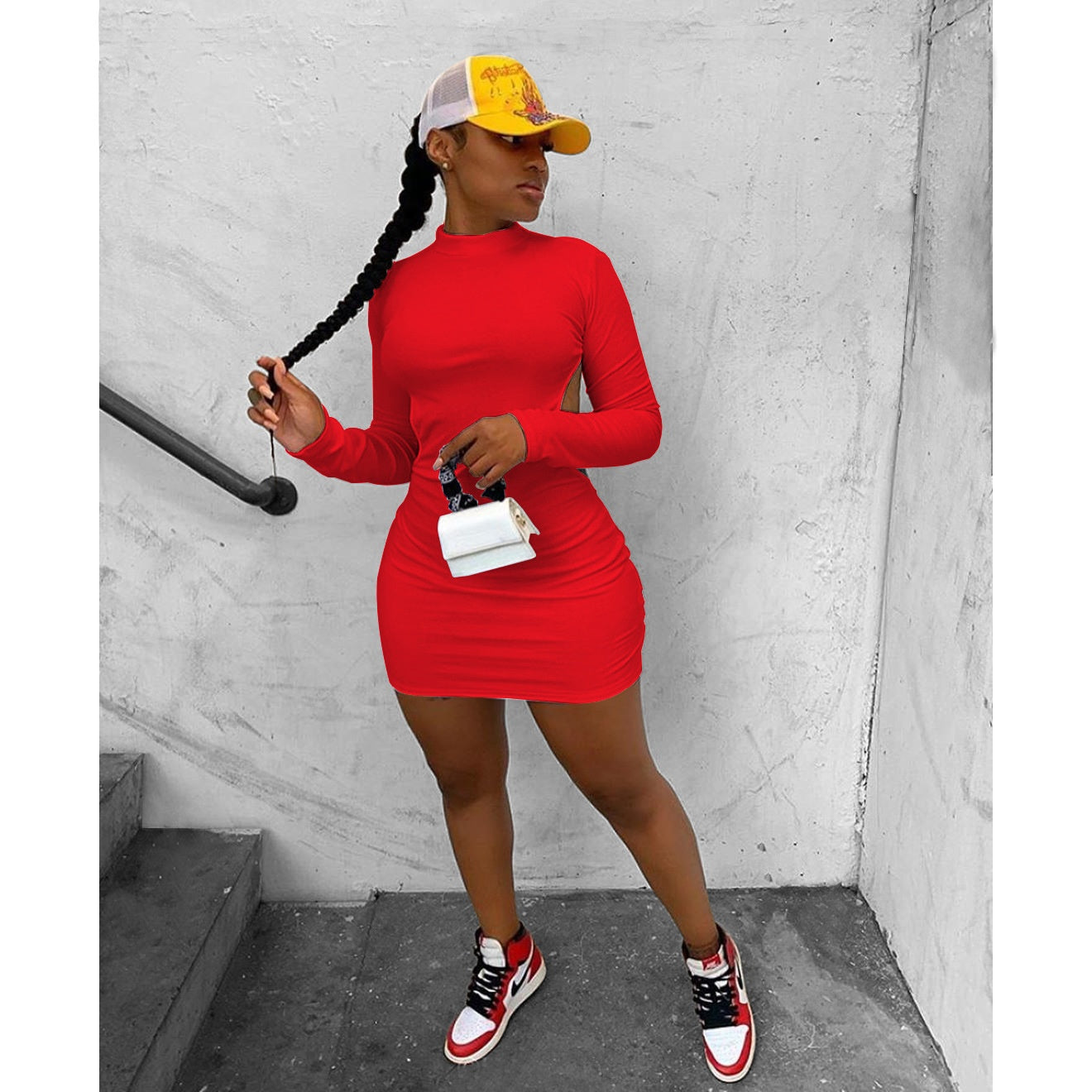 Solid Color High-elastic Long Sleeve Backless Dress