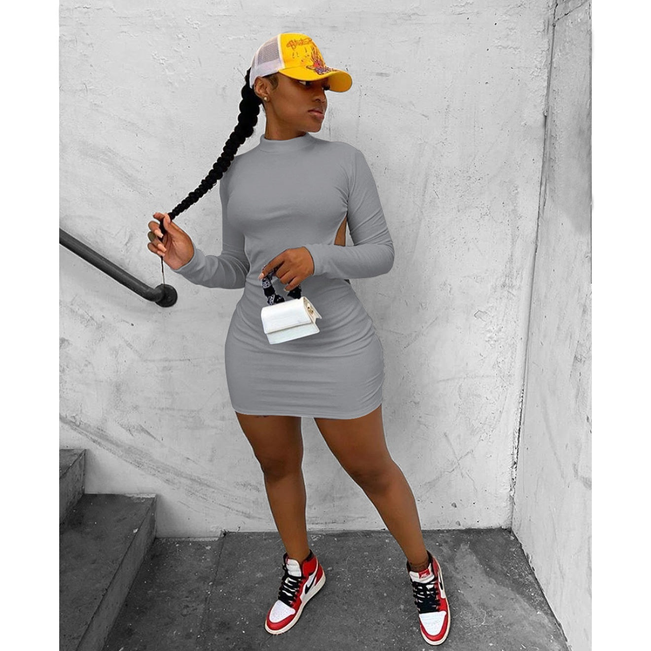 Solid Color High-elastic Long Sleeve Backless Dress